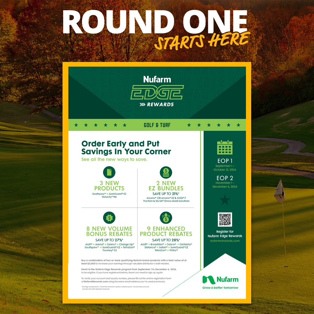 With the <a href="/NufarmUSTurf/">Nufarm US Turf</a> Edge Rewards Program, it's easy to save money with individual product rebates as well as extra savings on volume, special product pairings, and new EZ products. Unlock your exclusive savings now: i.mtr.cool/lqggbrcsvu