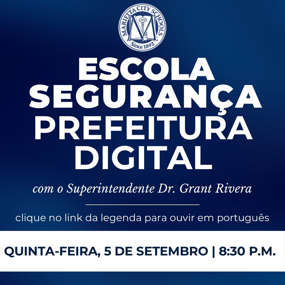 Tonight, Superintendent <a href="/GrantRivera/">Grant Rivera</a>, along with <a href="/MariettaPD/">Marietta Police</a>, will host a virtual town hall to discuss MCS school safety. The webinar will start at 8:30 p.m. 

Click the link below to watch and listen in all languages. 

marietta-city.org/news/news-deta…