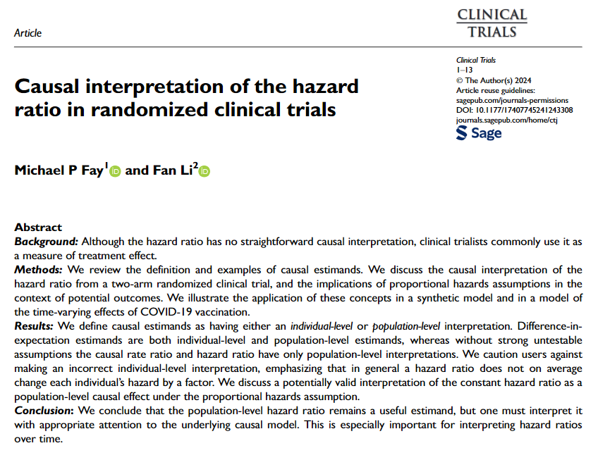 Colin Begg (@colinbbegg) on Twitter photo Does the hazard ratio have a causal interpretation? Should Cox modeling be used in analyzing clinical trials? Read all about it in this point-counterpoint of Michael Fay and Fan Li versus Dan Heitjan. <a href="/SCTorg/">SCTorg</a> <a href="/YaleSPH/">Yale School of Public Health</a> <a href="/SouthernMethod/">Southern Methodist U</a> <a href="/FanLi90/">Fan Li</a> Does the hazard ratio have a causal interpretation? Should Cox modeling be used in analyzing clinical trials? Read all about it in this point-counterpoint of Michael Fay and Fan Li versus Dan Heitjan. <a href="/SCTorg/">SCTorg</a> <a href="/YaleSPH/">Yale School of Public Health</a> <a href="/SouthernMethod/">Southern Methodist U</a> <a href="/FanLi90/">Fan Li</a>
