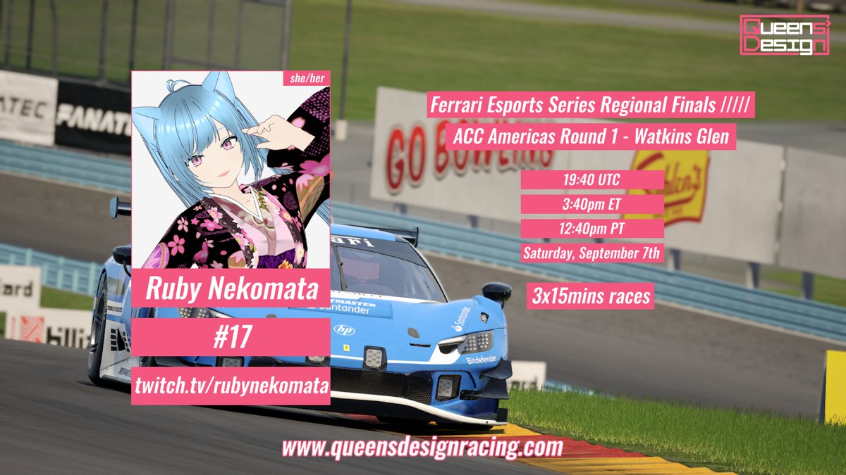 This Saturday @RubyNekomata will race in the first <a href="/FerrariEsports/">Ferrari Esports</a> Americas Regional Finals round at Watkins Glen! Can the speediest cat girl match up against the best North and South American sim racers in ACC? 

#beACC #FerrariEsportsSeries2024