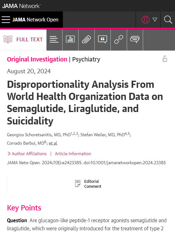 JAMA Network Open (@jamanetworkopen) on Twitter photo Most viewed in the last 7 days from <a href="/JAMANetworkOpen/">JAMA Network Open</a>:
Study evaluates potential signals for suicidal and self-injurious adverse drug reactions associated with the GLP-1 RAs semaglutide and liraglutide.
ja.ma/3Z3v3jC Most viewed in the last 7 days from <a href="/JAMANetworkOpen/">JAMA Network Open</a>:
Study evaluates potential signals for suicidal and self-injurious adverse drug reactions associated with the GLP-1 RAs semaglutide and liraglutide.
ja.ma/3Z3v3jC