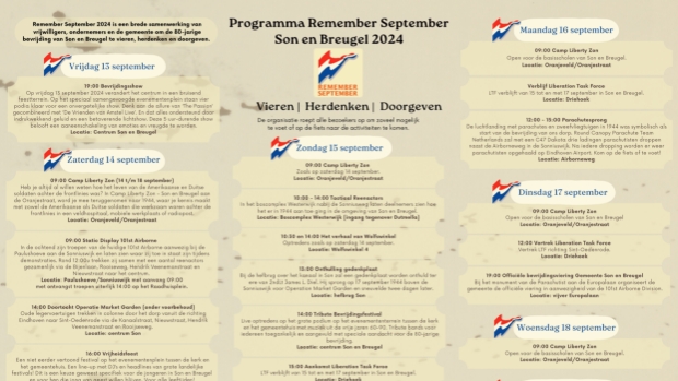 Programma Remember September in Son en Breugel

#mooisonenbreugel #demooisonenbreugelkrant #sonenbreugel #senb #gemeentesonenbreugel #rememberseptember #operatiionmarketgarden

 mooisonenbreugel.nl/l/37880