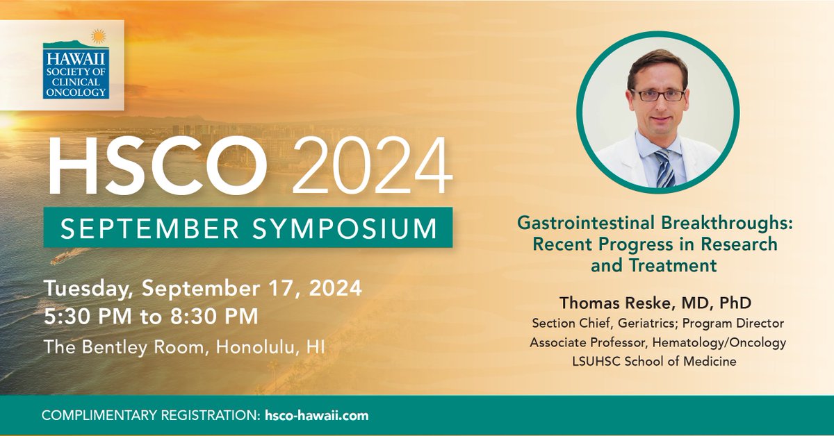 Oncology State Societies at ACCC (@ossataccc) on Twitter photo 💡 Looking to stay updated on #GIcancer breakthroughs? Attend the HSCO September Symposium on Sept 17th at The Bentley Room in #Honolulu. Don’t miss Dr. Thomas Reske from <a href="/LSUHealthNO/">LSU Health Sciences</a> as he shares the latest research and treatment updates. Register today: okt.to/YugZ4Q 💡 Looking to stay updated on #GIcancer breakthroughs? Attend the HSCO September Symposium on Sept 17th at The Bentley Room in #Honolulu. Don’t miss Dr. Thomas Reske from <a href="/LSUHealthNO/">LSU Health Sciences</a> as he shares the latest research and treatment updates. Register today: okt.to/YugZ4Q