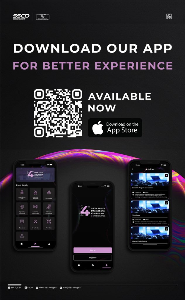 🚀 Exciting news! Download our app now for an enhanced experience at the SSCP24! 📱✨ 

🔗 Scan the QR code or find us on the App Store! apps.apple.com/sa/app/sscp-co…

Stay updated on event details, scientific programs, and activities. Don’t miss out! 

#SSCP24 #InfiniteKnowledge
