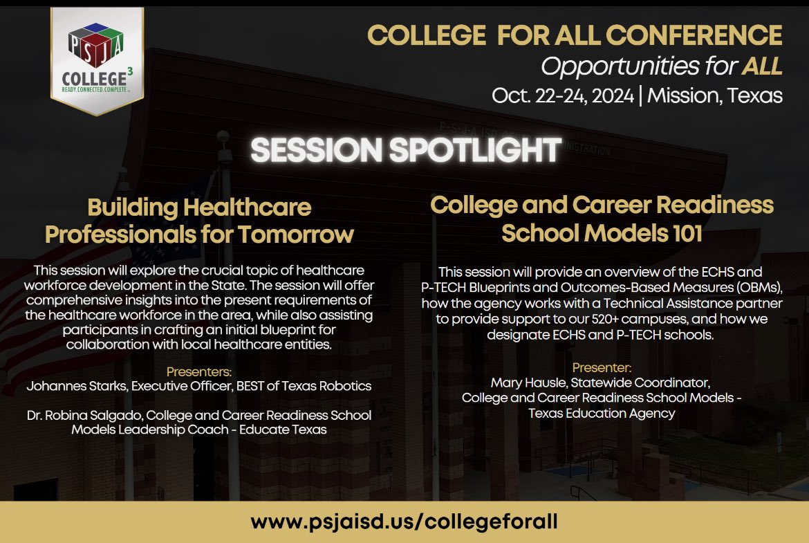 Sneak Peek Alert! Get an exclusive look at some of the exciting sessions lined up at the upcoming <a href="/PSJAISD/">PSJA ISD</a> College for ALL Conference on October 22-24, 2024! Don’t miss out on the opportunity to learn, network, and grow. Register today: bit.ly/3TjfPU5