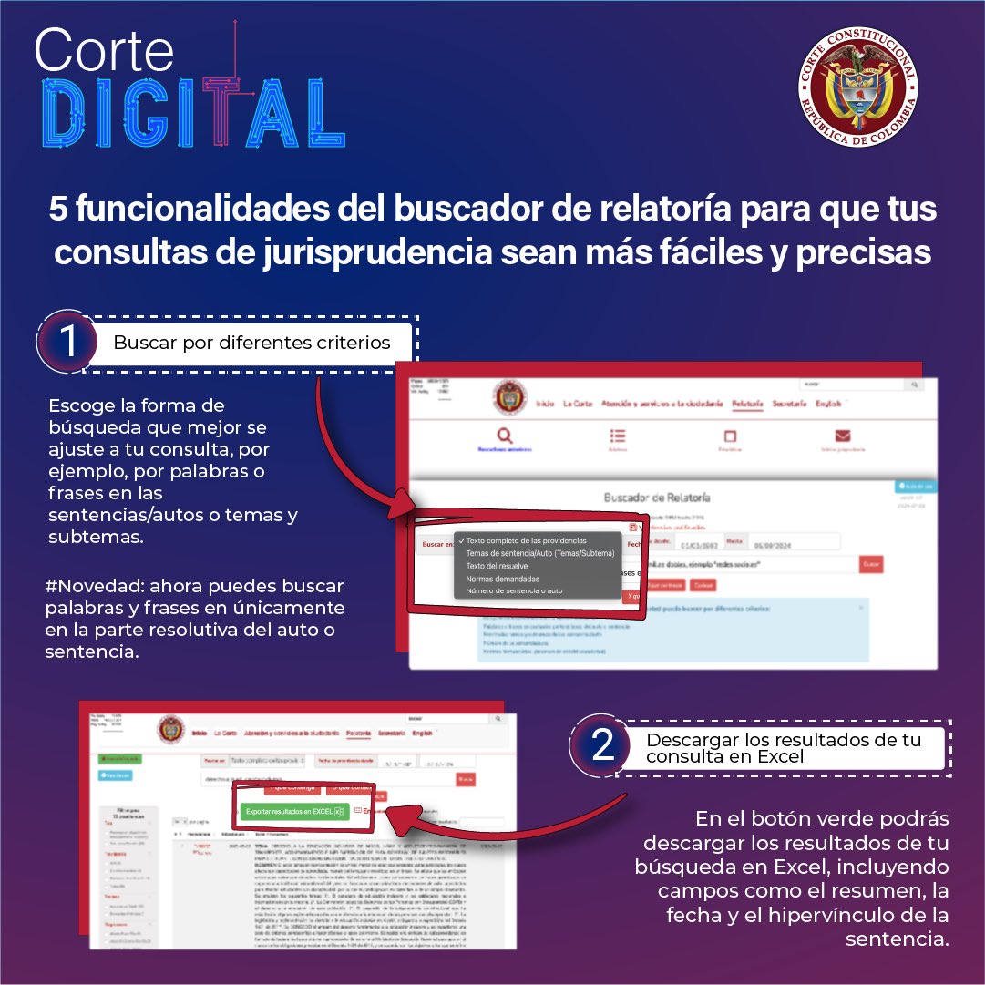 CConstitucional's tweet image. #CorteDigital 💻| 5 funcionalidades del buscador de relatoría para que tus consultas de jurisprudencia (sentencias) sean más fáciles y precisas.
▶️ Conócelo y pruébalo: corteconstitucional.gov.co/relatoria/busc…