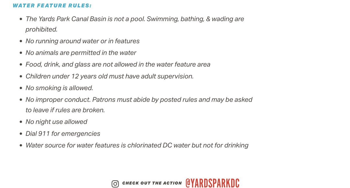 Digging into the question of swimming in DC's Yards Park Canal Basin... The website of the Capitol River Front BID (which maintains / operates the park) features numerous prominent images of people in the water. The park rules section of the site has other ideas.