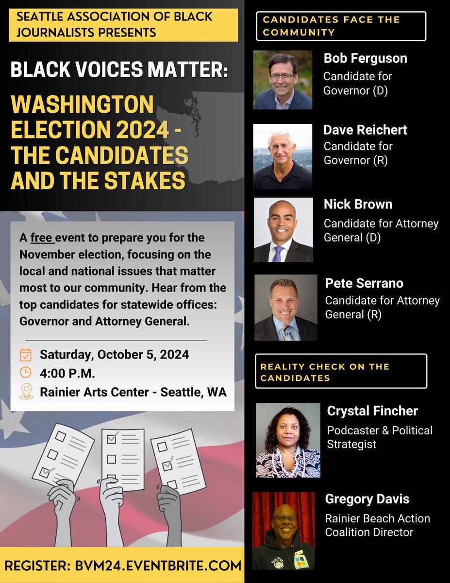 We invite you to a free event to prepare you for the November election, focusing on the local and national issues that matter most to our community. Hear from the top candidates for statewide offices: Governor and Attorney General.

Register: eventbrite.com/e/black-voices…