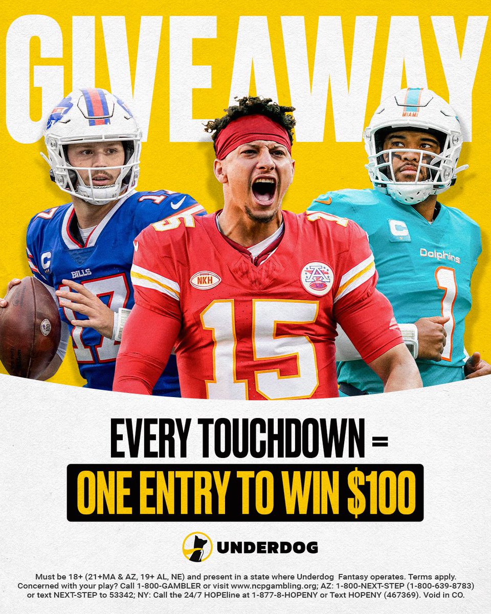 Underdog Picks (@underdogpicks) on Twitter photo We are giving away an entry to win $100 for every Touchdown scored in Week 1 💸
To enter, just...
1⃣ Repost this
2⃣ Follow @UnderdogFantasy and <a href="/UnderdogPicks/">Underdog Picks</a>
3⃣ Reply with your Underdog username We are giving away an entry to win $100 for every Touchdown scored in Week 1 💸
To enter, just...
1⃣ Repost this
2⃣ Follow @UnderdogFantasy and <a href="/UnderdogPicks/">Underdog Picks</a>
3⃣ Reply with your Underdog username