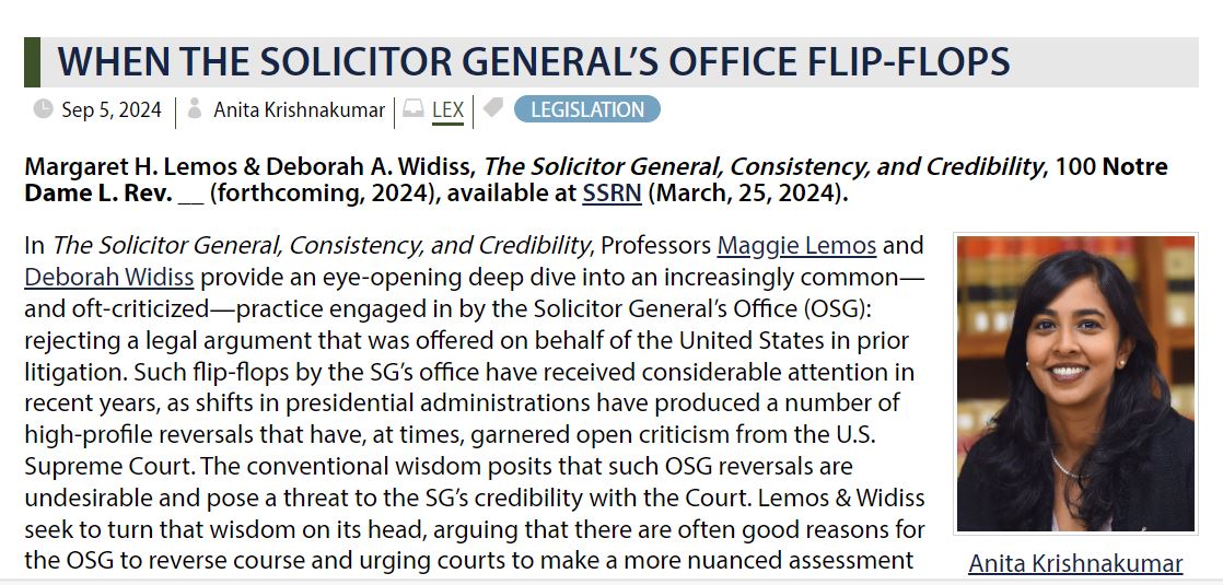 Deborah Widiss @DeborahWidiss (@deborahwidiss) on Twitter photo Grateful to <a href="/ASKrishnakumar/">Anita S Krishnakumar</a> for her generous review of The Solicitor General, Consistency, and Credibility, in Jotwell (jotwell.com). Draft of the article, forthcoming in <a href="/NotreDameLRev/">Nᴏᴛʀᴇ Dᴀᴍᴇ L. Rᴇᴠ. (Notre Dame Law Review)</a>, available here: papers.ssrn.com/sol3/papers.cf…. Comments welcome! Grateful to <a href="/ASKrishnakumar/">Anita S Krishnakumar</a> for her generous review of The Solicitor General, Consistency, and Credibility, in Jotwell (jotwell.com). Draft of the article, forthcoming in <a href="/NotreDameLRev/">Nᴏᴛʀᴇ Dᴀᴍᴇ L. Rᴇᴠ. (Notre Dame Law Review)</a>, available here: papers.ssrn.com/sol3/papers.cf…. Comments welcome!