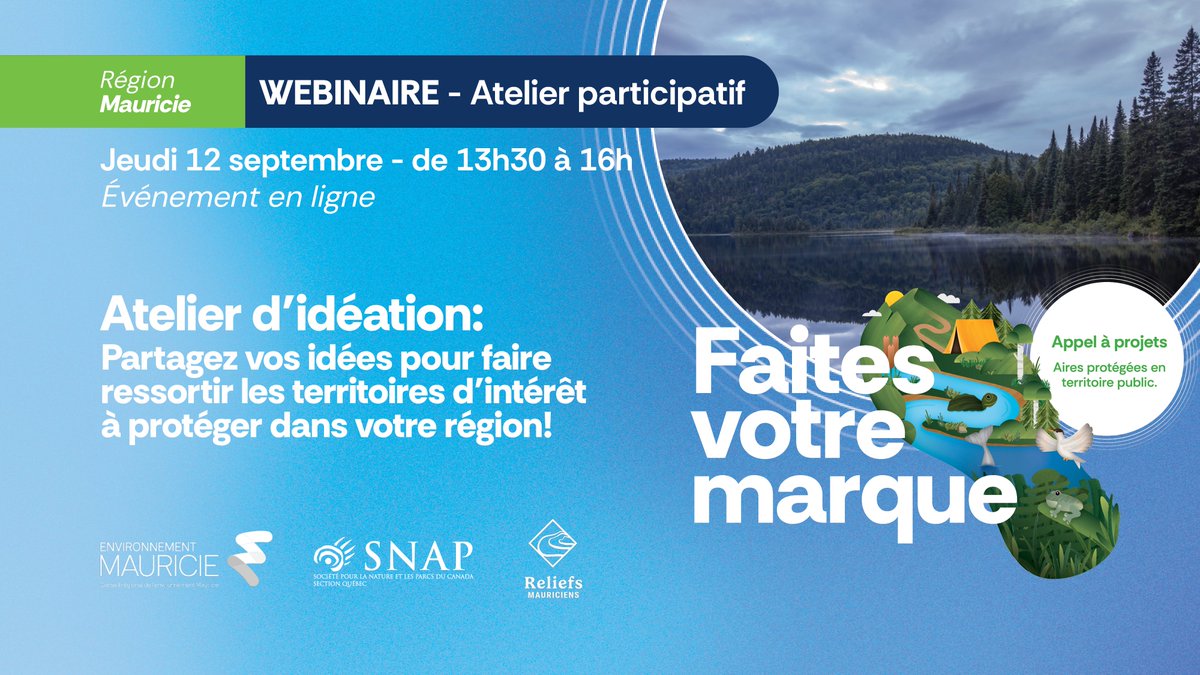 🎙️ À 15h45 aujourd’hui, écoutez Lauréanne Daneau sur ICI Première, émission Fin PM! 🌍 Protéger 30% du Québec d’ici 2030, rôle clé de la #Mauricie. 💻 Atelier d’idéation le 12/09.

🔗 Inscrivez-vous : us06web.zoom.us/meeting/regist…