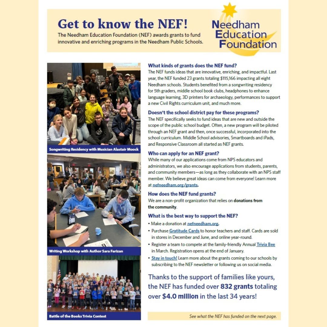Welcome to a new school year! We hope you get a chance to get to know the NEF this year. Learn how we support your students' learning and growth and how you can help at nefneedham.org/2024/09/05/get….