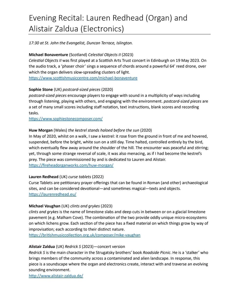 London friends, Lauren Redhead &amp; Alistair Zaldua are giving a smashing concert tomorrow (Friday) evening at St John's Duncan Terrace in Islington. Organ and electronics, very grateful to have my "kestrel" piece on this great programme! Do pop along if you're free