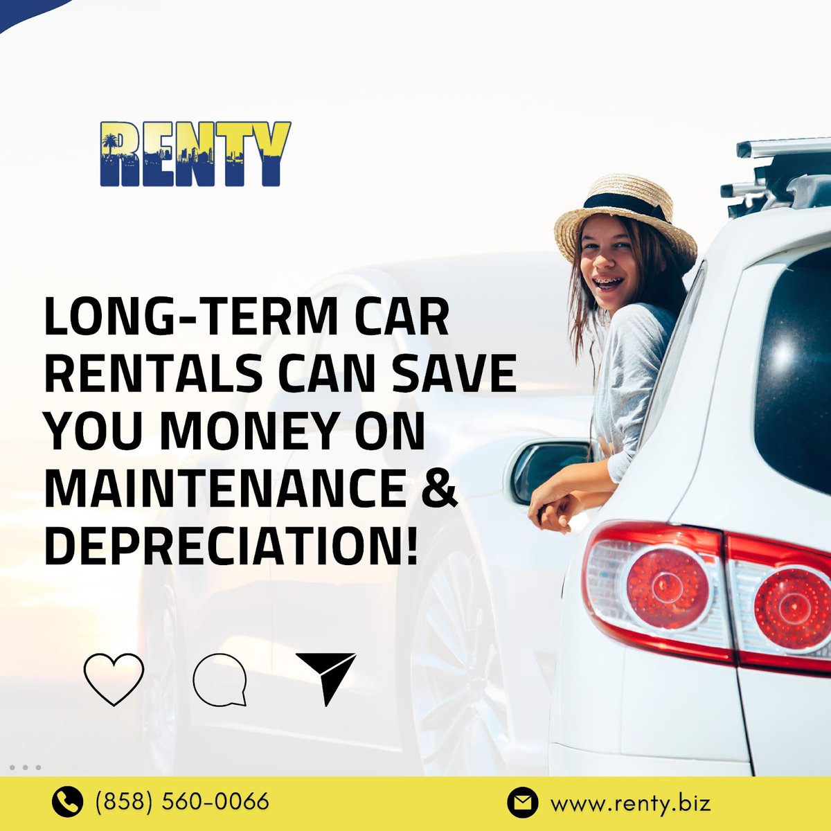 rentyrentals's tweet image. Do you know? Long-term car rentals can save you money on maintenance and depreciation. Renty keeps you driving reliable cars without the hidden costs! 💰✨
-----
Visit renty.biz
.
#SmartRentalSavings #LongTermRentalBenefits #DriveSmartSaveMore #RentAndSave