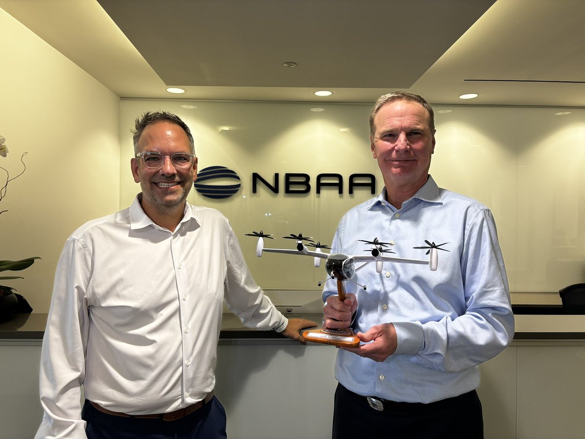EdwardBolen's tweet photo. Thanks to Greg Bowles, head of government affairs at @jobyaviation for stopping by our headquarters today to say hello and share a model of Joby’s eVTOL aircraft. https://t.co/K4VLbbZ6sl