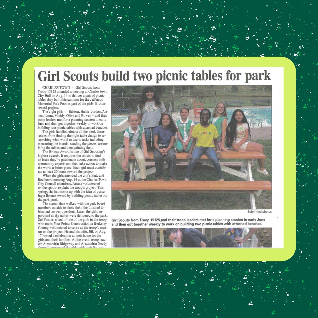 Girl Scout Troop 15125 making headlines! These Girl Scouts recognized a need for public seating outside of their local pool in Charles Town, WV. Researching bench designs, types of wood, and assembling the tables for their community. Way to build up your community Girl Scouts!