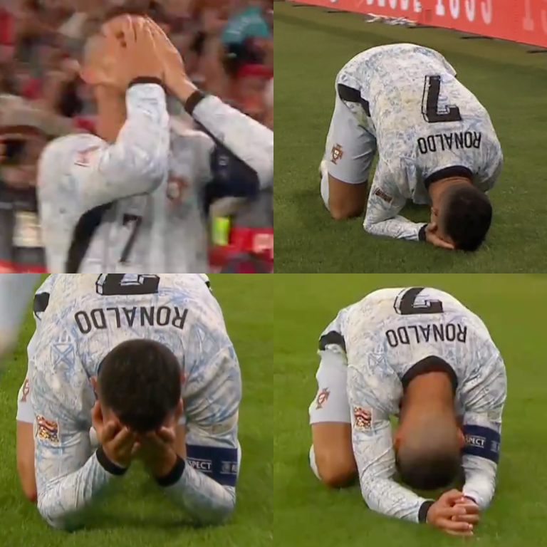 InvictosSomos's tweet photo. Imposible no conmoverse ante esta secuencia. Después de llegar a los 900 GOLES OFICIALES, Cristiano Ronaldo se llevó las manos al rostro y se tiró al césped de rodillas. Esta vez no hubo SIIIIIIIIU. No le salió hacerlo. En un episodio tan especial, El Bicho quiso agradecer por todo lo que ha vivido en su majestuosa carrera profesional. Qué momento tan emotivo. El niño de Funchal que se convirtió en el mejor goleador que ha existido en toda la historia. DE CR7 A CR900.