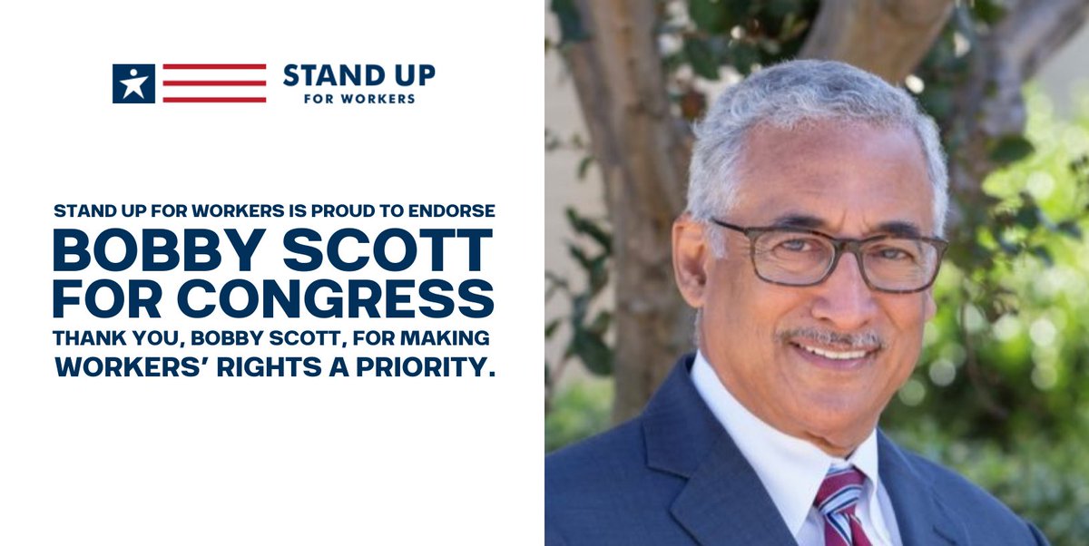 workerspac's tweet image. Stand Up For Workers PAC is proud to endorse Rep. Bobby Scott from Virginia running for a seat in the U.S. Senate. He is committed to delivering results for all Virginians, including fighting for workers’ rights and reforming our criminal justice system. ow.ly/2SA150TeQ7F