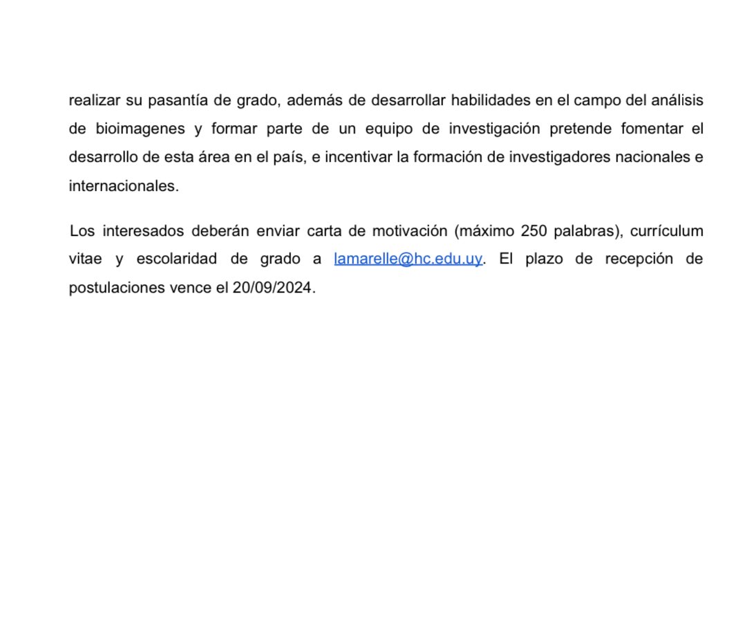 Llamado a estudiante para proyecto de investigación ‼️
Interesados enviar carta de motivación (máximo 250 palabras), currículum vitae y escolaridad de grado a lamarelle@hc.edu.uy. El plazo de recepción de postulaciones vence el 20/09/2024.