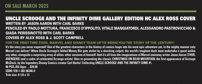 DuckTalks's tweet photo. A Gallery Edition Hardcover release of Uncle Scrooge and the Infinity Dime will be released in March 2025. https://t.co/wt4QTUtNOi 
#Marvel #UncleScrooge #InfinityDime
@Marvel @MarvelComicsHQ @jasonaaron @thealexrossart https://t.co/4GCWJ9AhEH
