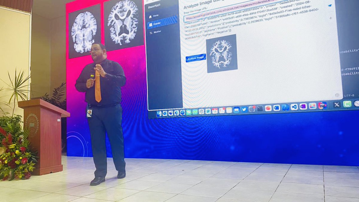 EnriqueAguilar's tweet image. Imágenes de mi Conferencia en #Panamá sobre #IA aplicada, en donde presento un ejemplo de implementación en #AzureCustomVision para la detección de probabilidad de diagnóstico positivo de #Alzheimer, a través de tomografías cerebrales, con aplicación Web en Blazor de consulta.