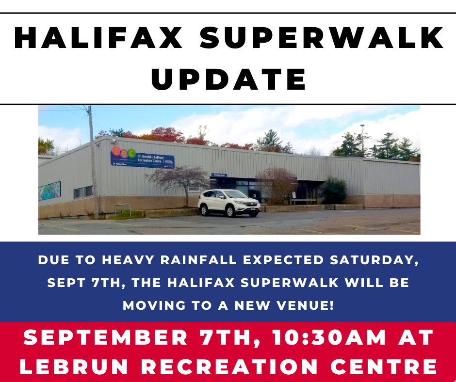 SuperWalk's tweet image. Halifax Superwalkers! Event day update!

Due to heavy rain fall expected on Saturday, September 7th, we have moved venues for the Halifax SuperWalk. 

New Venue is LeBrun Recreation Centre in Bedford, just a hop, skip and a jump from the original park location.

See you there!