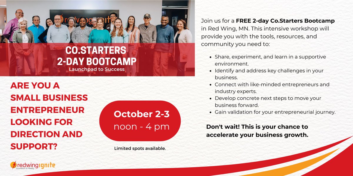 Ignite_MN's tweet image. What if you could spend 2 afternoons working on bringing your business idea to life with help from experienced mentors AND get access to resources?!? 

Join our FREE 2-Day Bootcamp - October 2nd and 3rd. 
eventbrite.com/e/costarters-2…

It is time to invest in your future ⏰ #IgniteMN