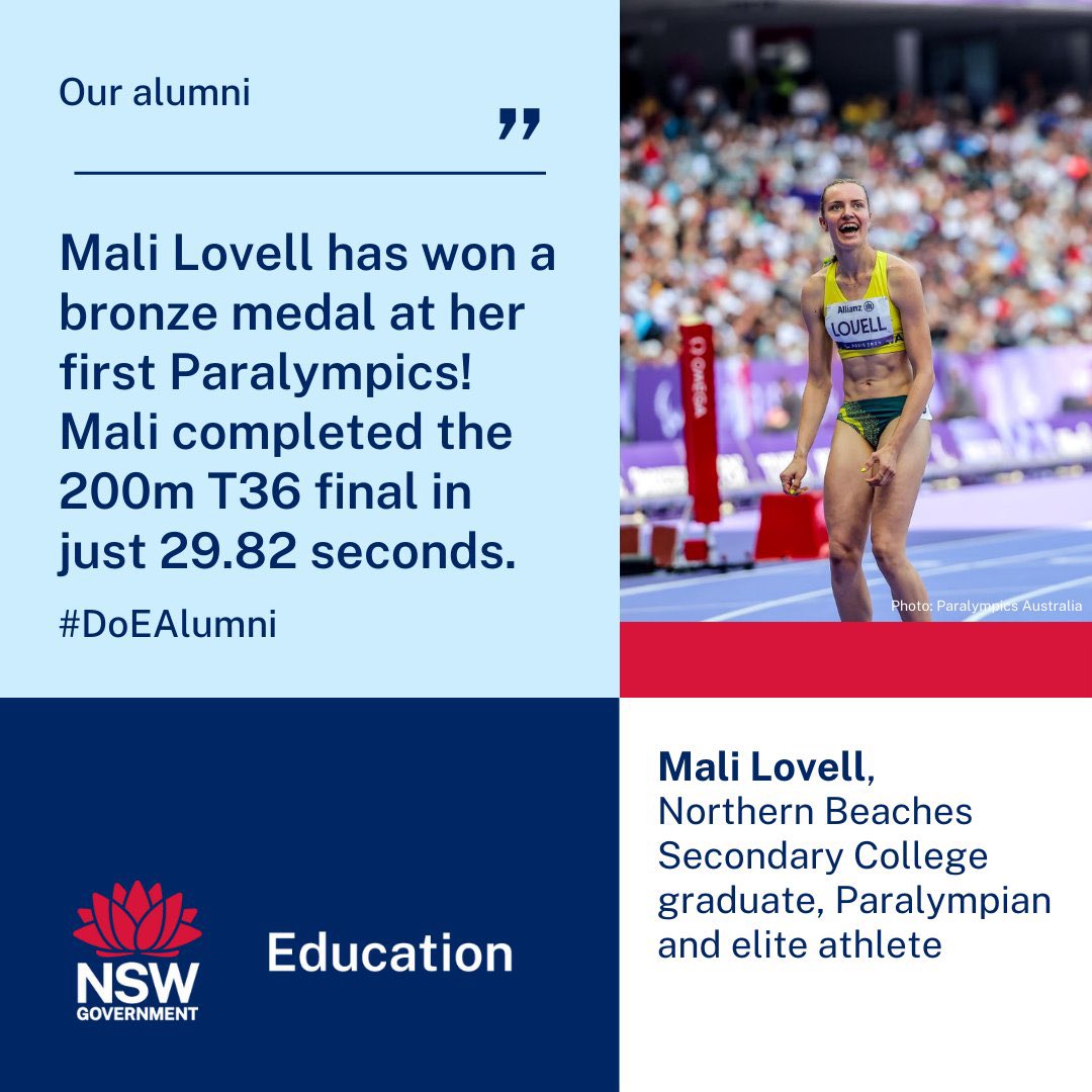 dizdarm's tweet image. Sprinter Mali Lovell has won a bronze medal at her first @Paralympics! Mali had a dream run, completing the 200m T36 final in just 29.82 seconds. Mali graduated from the Northern Beaches Secondary College & has continued to support the school. #DoEAlumni paralympic.org.au/2024/09/butter…
