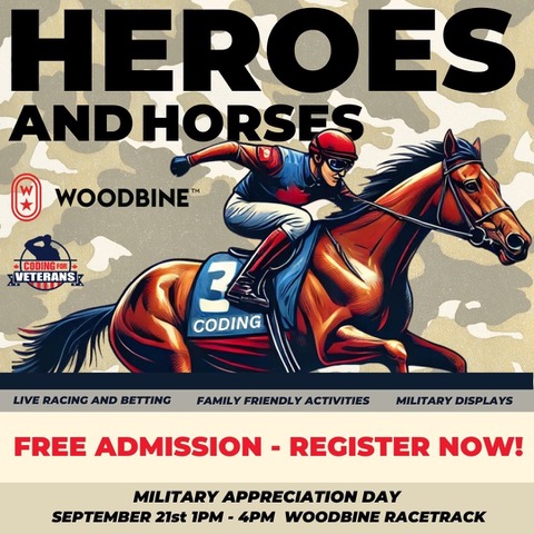 H2HCanada's tweet image. 🏇 Heroes and Horses: Military Appreciation Day is coming to Woodbine Racetrack!Enjoy live racing, military displays, & more as we celebrate our military community with #CodingforVeterans 📅 Sept 21 | 1PM - 4PM
🎟️ Free Admission – Register now! HeroesHorses.eventbrite.ca