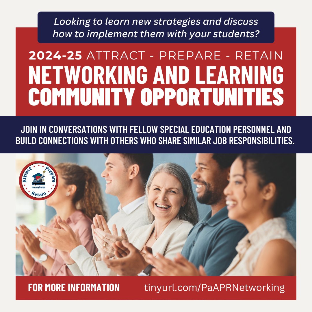 The following A-P-R opportunities for the 2024-2025 school year have been carefully crafted to address current topics pertinent to #SpecialEducationinPA personnel. Visit the A-P-R Repository to find the networking series that best fits your needs: tinyurl.com/PaAPRNetworking