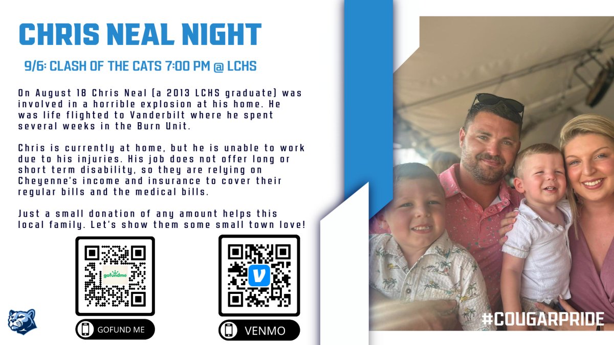 We hope you will consider giving to help a local family in need. Buckets will be passed around on Friday night during the game. If you do not have cash, you can use the QR codes to donate via Venmo or GoFundMe. #cougarpride