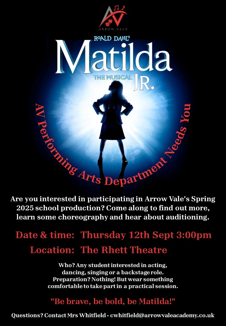AVPerformingArt's tweet photo. I am thrilled to announce that we are ready to bring an exciting performance to our students, parents, and the community. Matilda Jr is planned for Spring 2025. ⭐️ @AVPerformingArt @ArrowValeSchool https://t.co/M6MogA8qxu