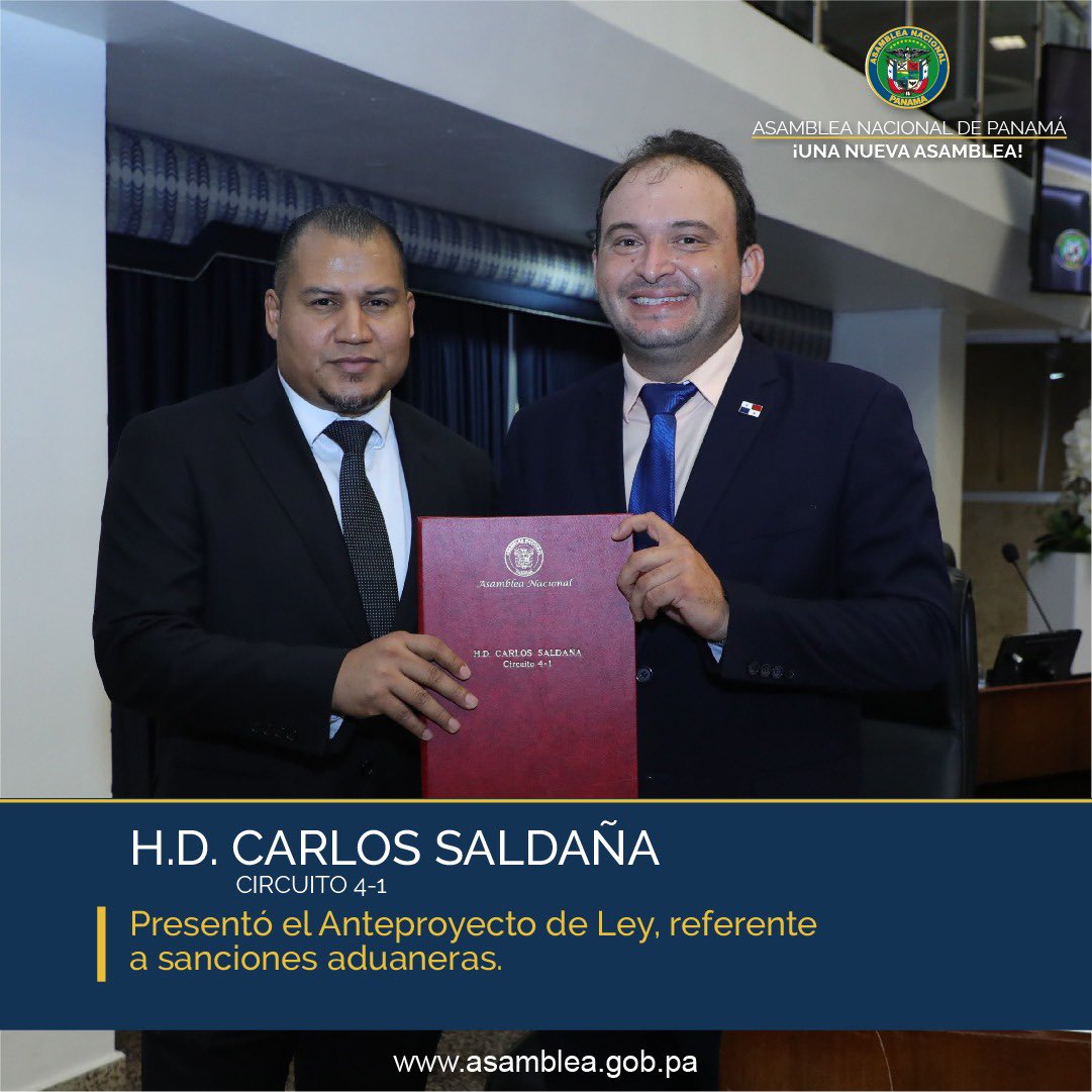 Por último, el diputado Carlos Eduardo Saldaña presentó el Anteproyecto de Ley, que establece la Ley General de Infracciones y Sanciones Aduaneras en la República de Panamá y dicta otras disposiciones.