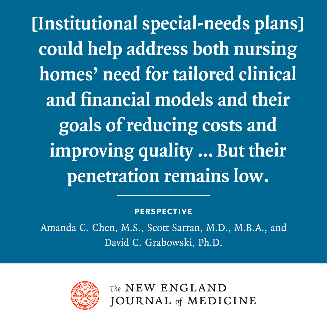 Institutional special-needs plans could warrant further investigation as a value-based model for financing care provided to long-stay nursing home residents. Read the full Perspective: nej.md/3AJlb4z