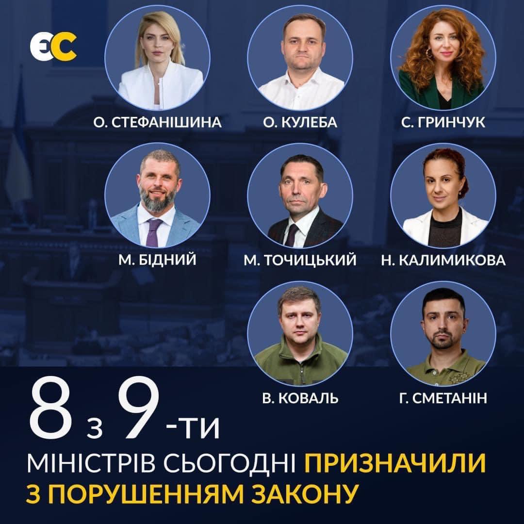 Незламна  вишенька на потужному уряді Єрмака.
8 з 9-ти міністрів призначені порушенням закону.  Суд ’єктом подання є премʼєр, який мав надіслати до ВР подання та проєкти постанов щодо призначення міністрів. Але Шмигаль  надіслав подання без проєктів постанов. Нелегітимні?