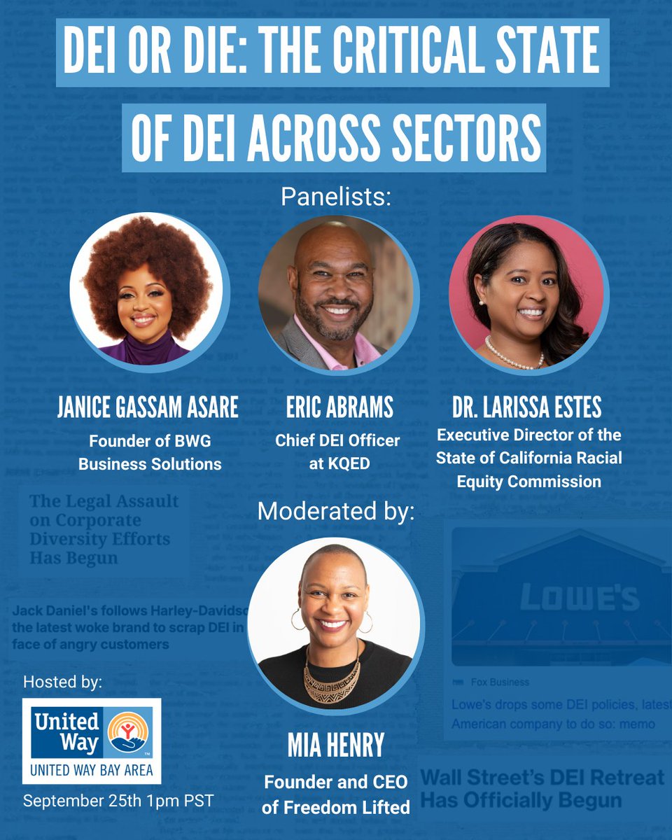 You're invited!! We're hosting DEI or Die: The Critical State of DEI Across Sectors, a webinar to engage with leaders from various sectors in a vital discussion on diversity, equity, and inclusion. Moderated by Founder and CEO of Freedom Lifted, Mia Henry, we are so excited to