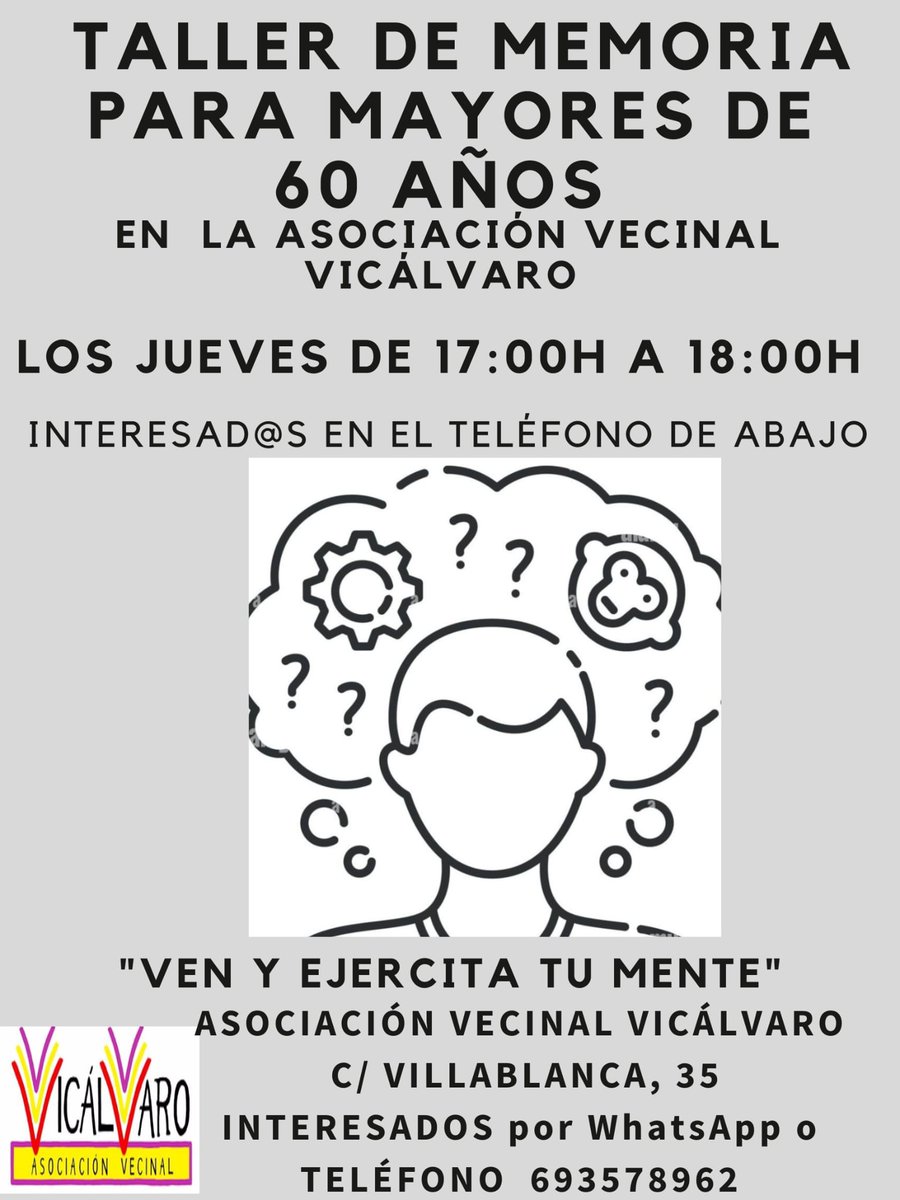 📢 Vuelve a la #AVV el taller de memoria para personas mayores de 60 años.

👉 Los jueves de 17:00 a 18:00.

Toda la información y cómo inscribirse 👇👇👇