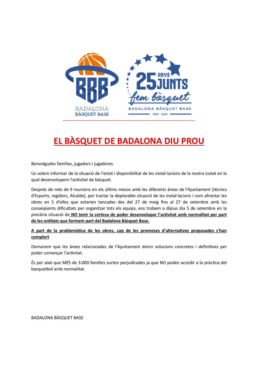 basquetcircol's tweet photo. ⚠️ COMUNICAT OFICIAL BBB

El bàsquet de Badalona diu PROU!! https://t.co/KUtVzatbGw