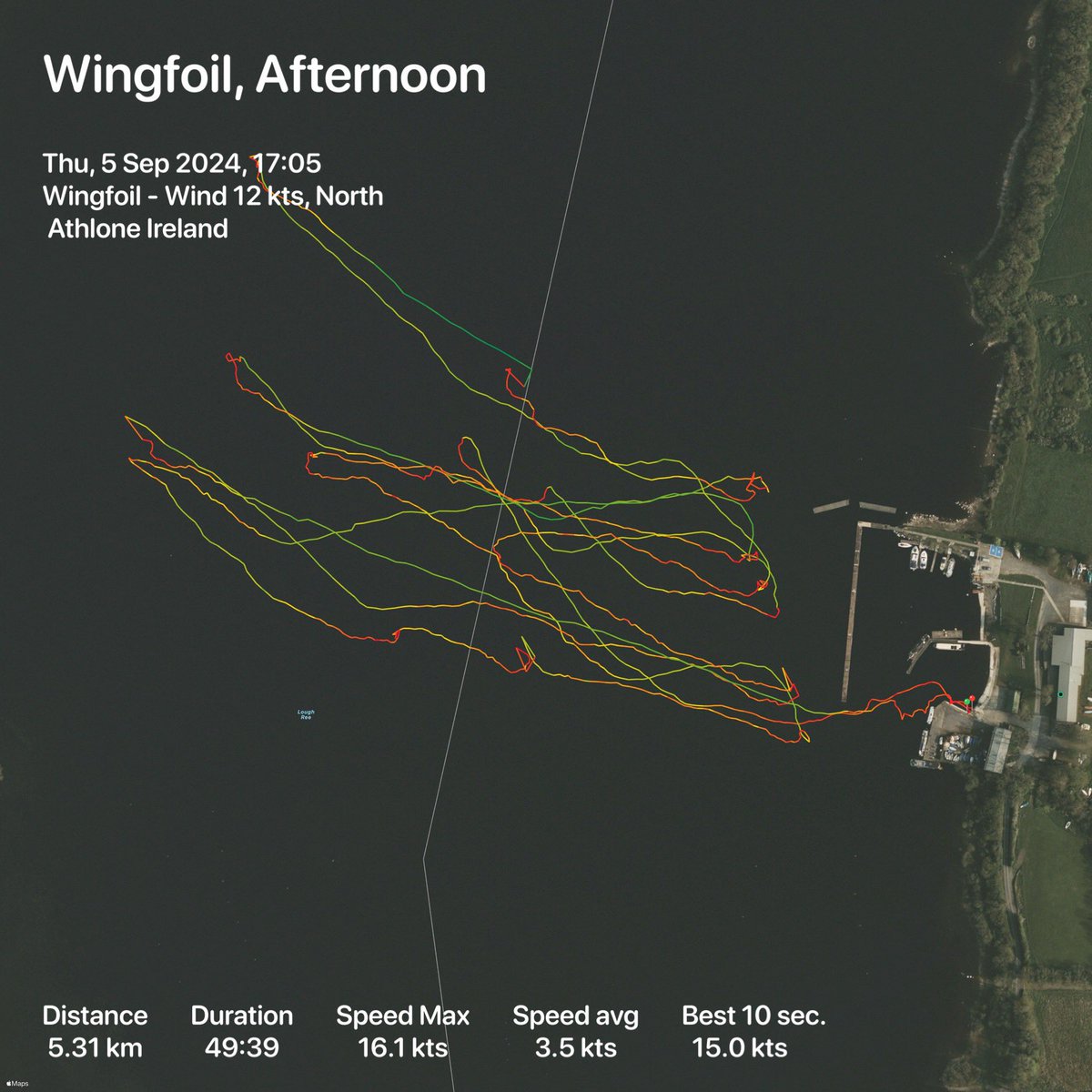 #wingfoil diary. #7 @ LRYC - new top speed of 16.1kts immediately followed by rapid unplanned deceleration. 🤕😅 steady breeze makes everything 100x easier. Faster and steadier standing up and getting on foil. Need to practice gybes on grass. No real progress there.