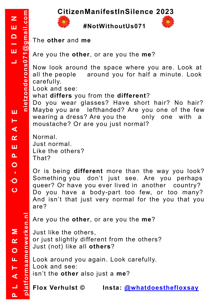 Tu Sept. 10th the 6th Walk in Silence will start. What will be next inspiring flyertext by a youngster? #HebHetHartBurgers071

We will walk for another story. Will you walk with us?! Tu Sept. 10, 3.45P.M. Nieuwstr. 7 - opposite B&amp;C Library Center. Connect where &amp; as long you can.