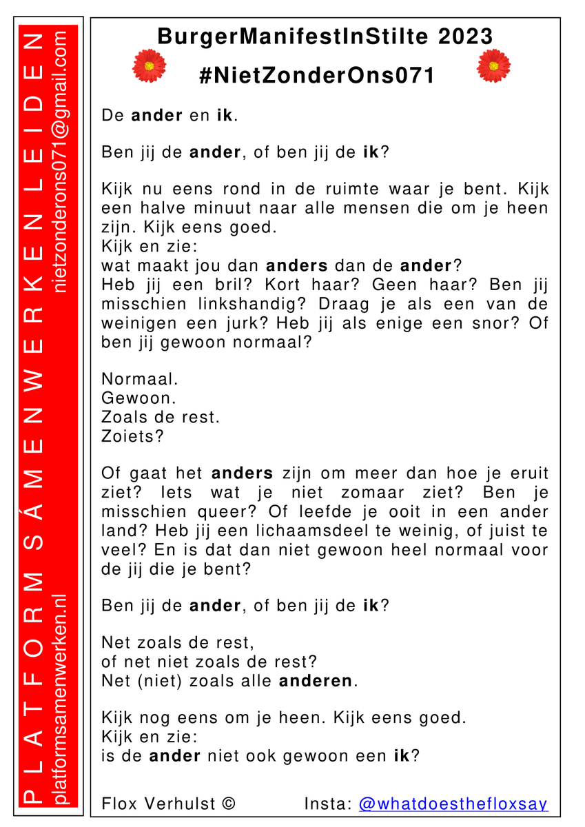 Di 10 sept. 6e Wandeling in Stilte. Wat wordt volgende inspirerende flyertekst geschreven door een Leidse jongere? #NietZonderOns071 Lopen voor een ander verhaal. Loop je met ons mee?! Di 10 Sept. 15.45u Nieuwstr. 7, tegenover B&amp;C bieb centrum. Sluit aan waar en zo lang je kunt.