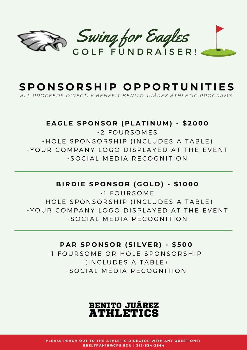 Participate in this year's 'Swing for Eagles' Juárez Athletics fundraiser!  For more information and to register, complete this form tinyurl.com/BJCAGolf