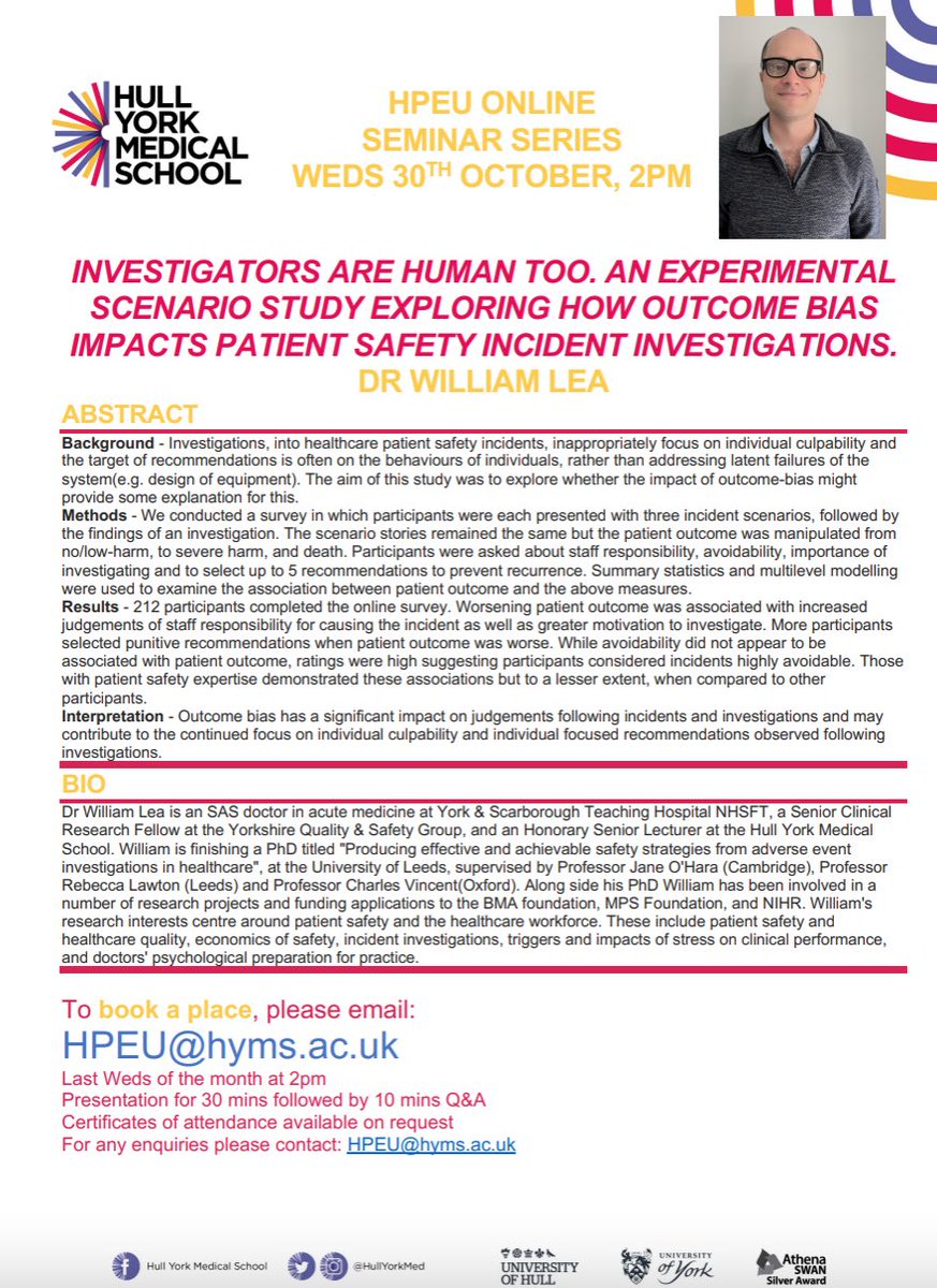 Health Professions Education Unit (HPEU) (@hpeu_hyms) on Twitter photo It is good to be back!! Our HPEU seminar series start again next month - kicking off with a very interesting talk by Dr William Lea exploring outcome bias and impact on patient safety incident investigations. Join us October 30th, 2pm. <a href="/Mildredkehoe/">Millie Kehoe</a> <a href="/pes_crampton/">Paul Crampton</a> <a href="/AmayaEllawala/">Amaya Ellawala</a> It is good to be back!! Our HPEU seminar series start again next month - kicking off with a very interesting talk by Dr William Lea exploring outcome bias and impact on patient safety incident investigations. Join us October 30th, 2pm. <a href="/Mildredkehoe/">Millie Kehoe</a> <a href="/pes_crampton/">Paul Crampton</a> <a href="/AmayaEllawala/">Amaya Ellawala</a>