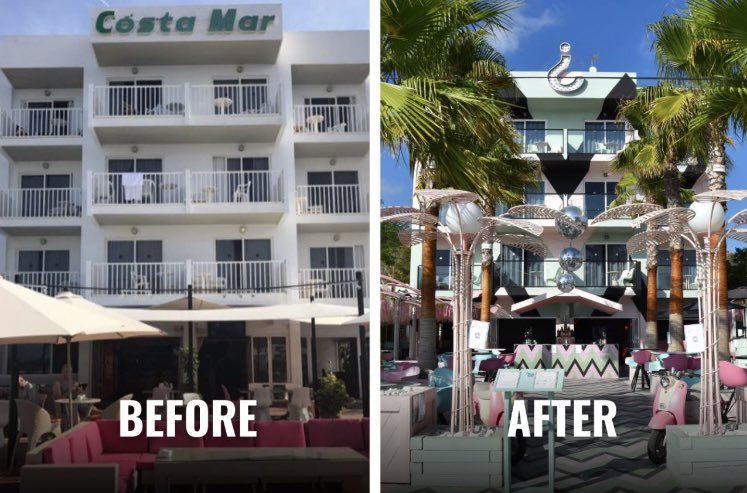 On the left:

- An old basic Spanish hotel
- That was quite basic
- Called Costa Mar

On the right:

- Rebranded &amp; refurbished
- A boutique hotel with attitude
- Named most instagrammable hotel 

8 years ago, the Wi-Ki-Woo Hotel looked completely different!