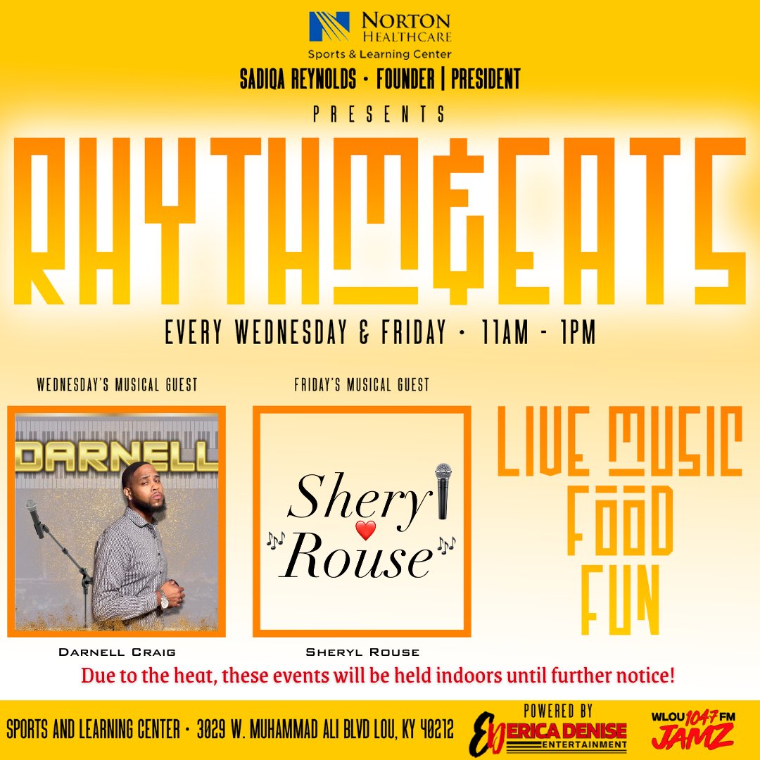 🎵 Rhythm &amp; Eats is back with live music this week! 🎵

📅 Wednesday: Enjoy the smooth sounds of Darnell Craig.
📅 Friday: Shery Rouse returns to light up the stage once again.

Come for the tunes, grab lunch from our concession stand, and soak in the good vibes. See you there!