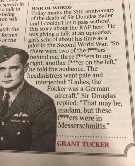 thehistoryguy's tweet image. The legendary RAF fighter pilot Douglas Bader died today in 1982. 

This anecdote is not true but it is funny.