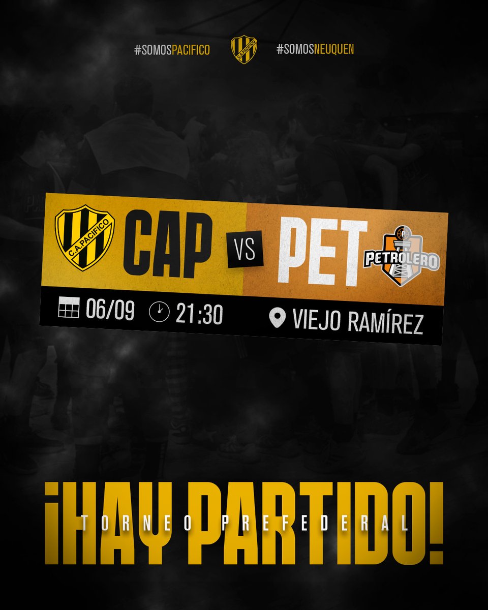 #TorneoPrefederal

¡Recibimos a Petrolero en el Viejo Ramírez! 🔥

🆚 Petrolero
📆 06.09 ⏰ 21:30 HS.
🏟️ Viejo Ramírez
📍 Juan B. Alberdi 355

#SomosPacifico 💛🖤
#SomosNeuquen 👊