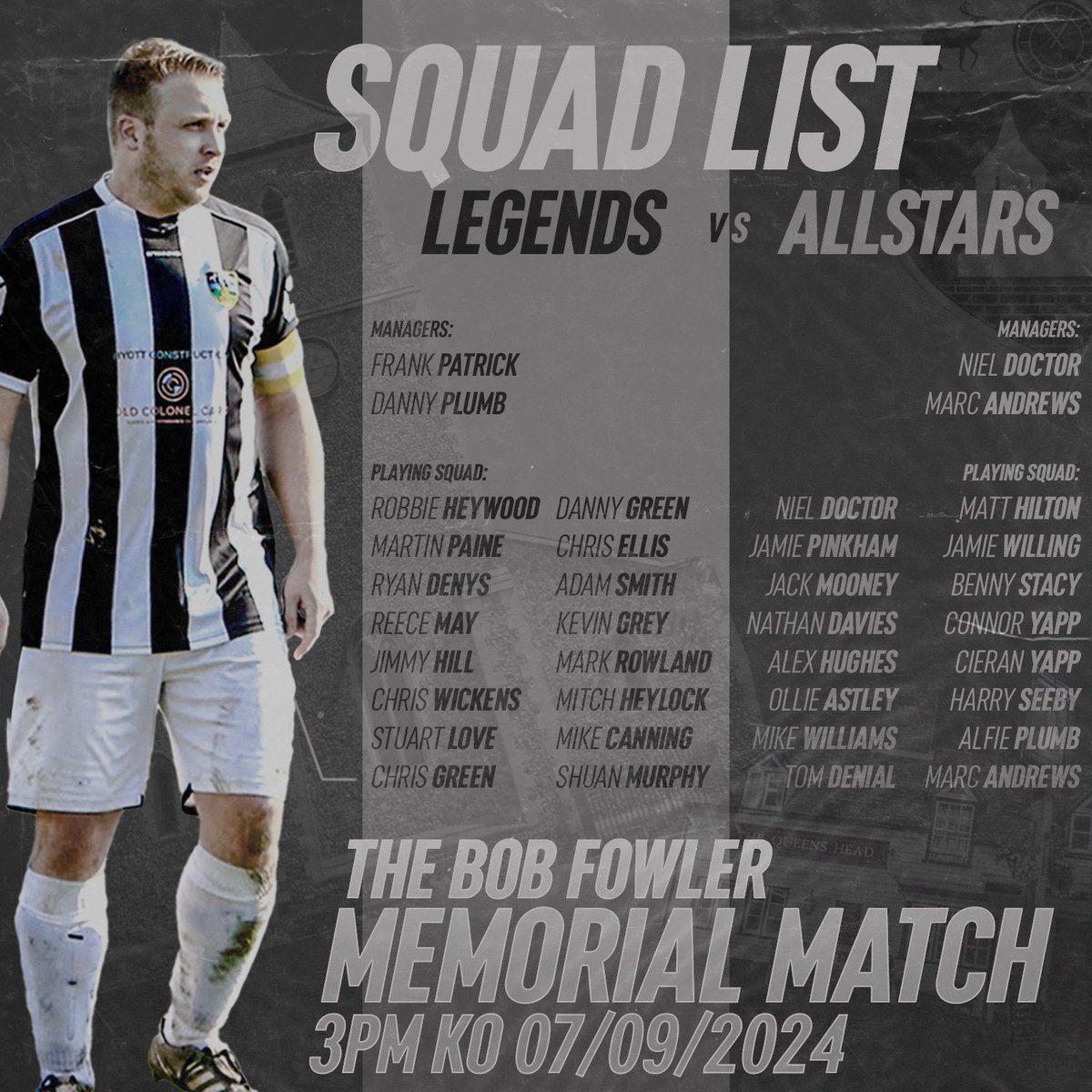 No official game this week. Instead we are hosting the Bob Fowler Memorial game, in memory of our former manager &amp; friend

Come &amp; watch Legends v Allstars this Saturday 3PM KO. Then enjoy a drink with us after the game

All we ask is for a small donation into one of the buckets