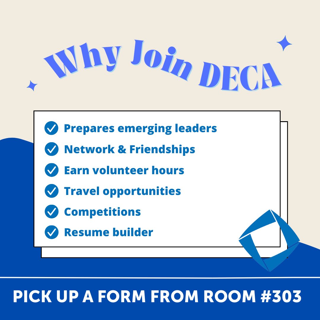 Dominion DECA's membership is now open! Get a form from Mrs. Eifler in room #303, fee can be paid cash or through School Cash Online. We hope to see you as a member of DECA🔷