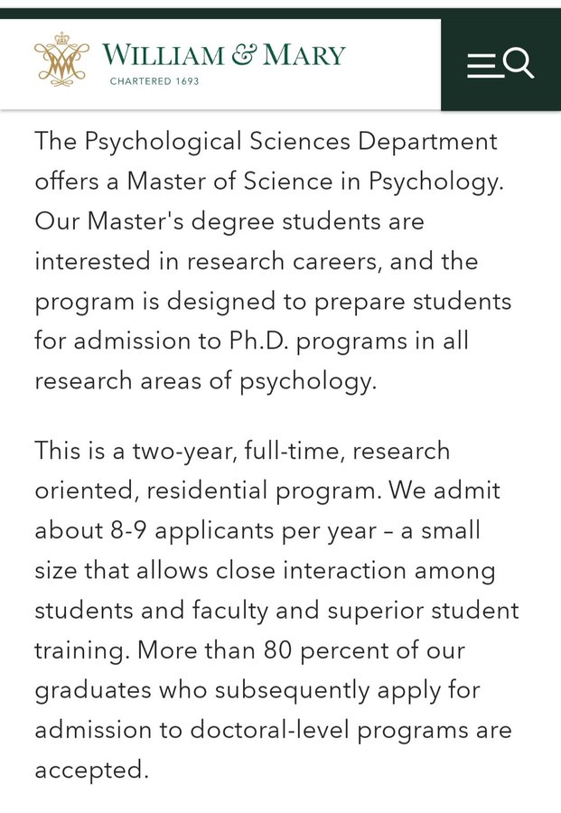 All are welcome to attend a virtual Open House to learn about our fully-funded William &amp; Mary Masters of Psychology Program.

Date: Monday, October 28, 5:30-6:30pm (EST)
Zoom link: cwm.zoom.us/j/99431148764

Please visit our website for more information: 
wm.edu/as/psych-scien…